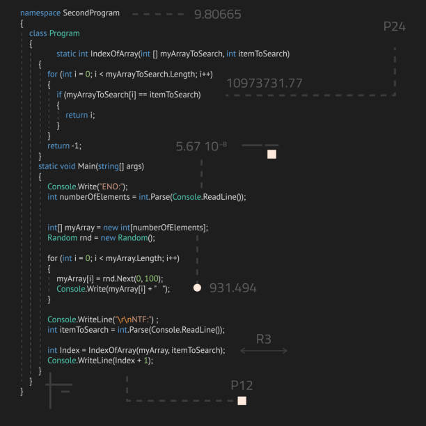 Realistic programming code Realistic code in IDE with abstract elements. Software development, back end and front end. Vector image of lines of code. Script or method on programming language in code editor. java programming langauge stock illustrations