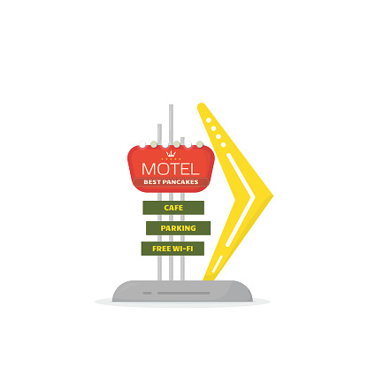 Road hotel sign. Retro style 50s road motel sign with lamps and arrow. Text on road banner with lights. Old style vintage advertising sign. Flat style vector illustration.
