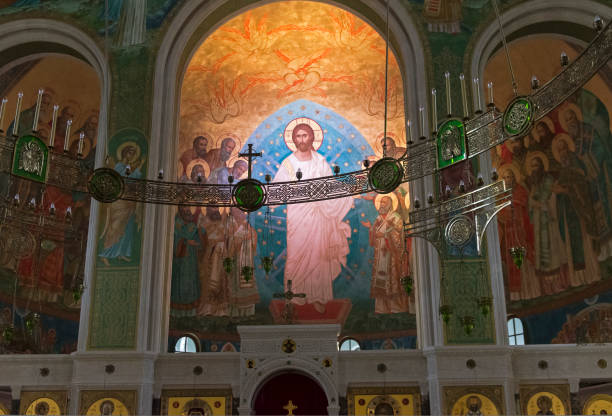 Painting of God on ceiling of Uspenskaya church on Vasilievsky island, Saint Petersburg, Russia