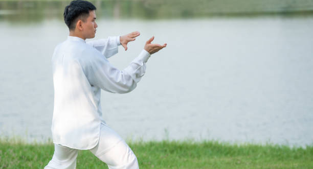 asiatischer mann, der tai chi im park macht. - chi energy stock-fotos und bilder