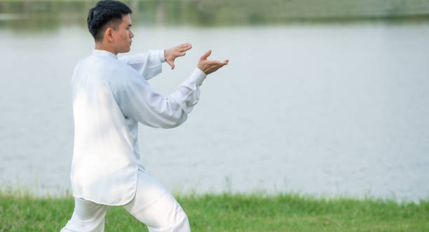 um homem asiático fazendo tai chi no parque. - chi energy - fotografias e filmes do acervo
