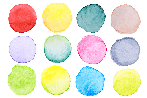 watercolor brush paint circles shape with a hand drawn in the paper on white background.