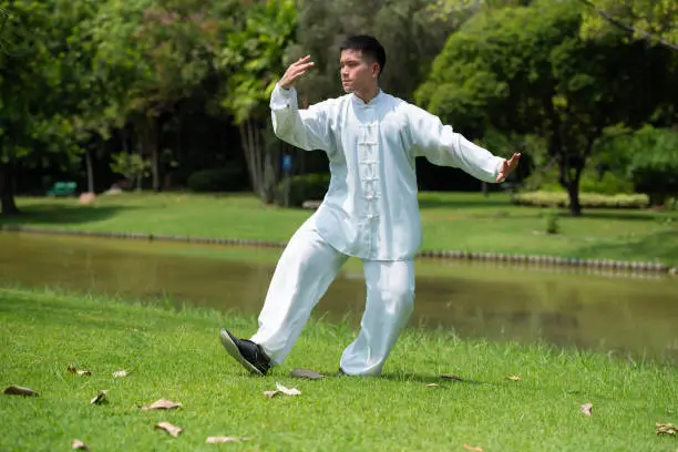 Photo of Asian man doing Tai Chi in the park.