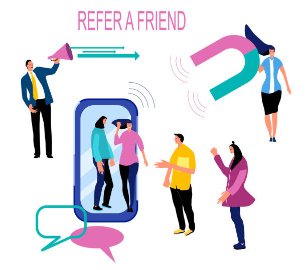 istock Refer a friend loyalty program, promotion method. Group of people going out of smartphone. Manager attracts customers with megaphone and huge magnet. 1260359897