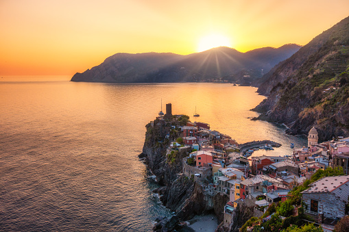 Cityscape of little village of Vernazza at sunset, Cinque Terre, Liguria, Italy