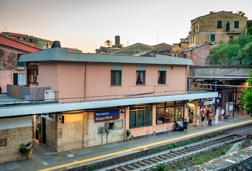 Vernazza, Liguria, Italy - July 31, 2017: Vernazza railway station at sunset with tourists