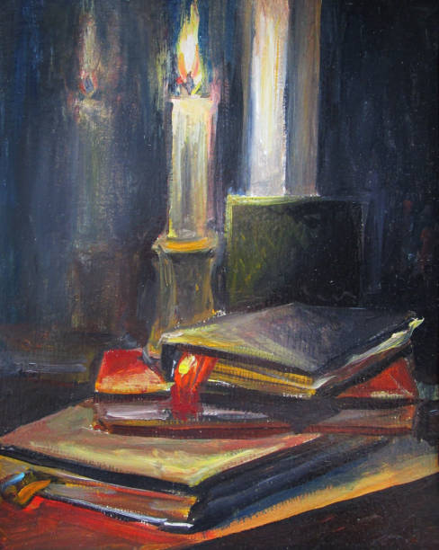 istock Burning candle and old books, oil painting 1260385335