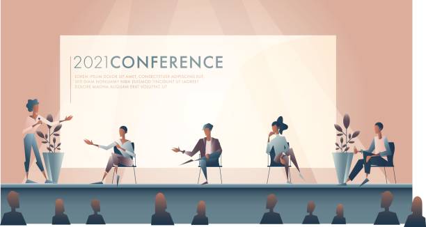 Businesswoman introduces panel of experts during conference A confident businesswoman gestures as she introduces a panel of experts during a business conference. exhibition illustrations stock illustrations