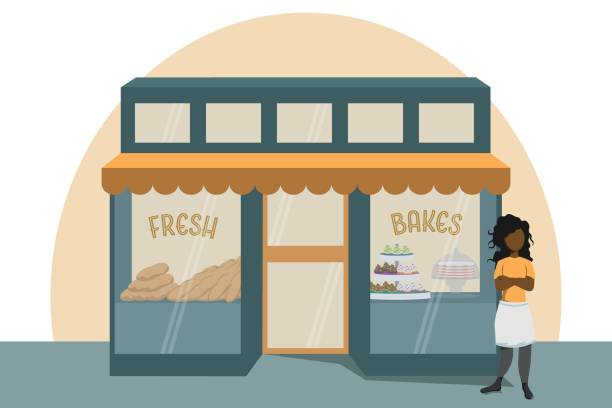 illustrazioni stock, clip art, cartoni animati e icone di tendenza di orgoglioso proprietario di panetteria si trova fuori dalla panetteria - small business business owner facade