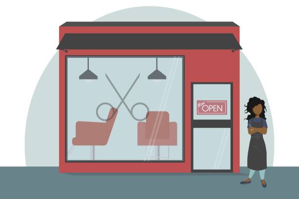 Illustration of salon owner outside of salon A confident female salon owner stands with her arms crossed outside of her salon. small business owner stock illustrations