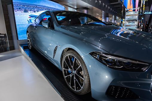 Doha, Qatar - December 30, 2019: New BMW M850i exhibited in the Doha international airport.