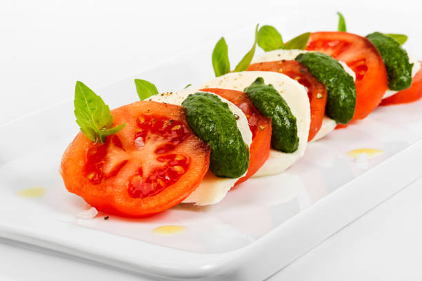 Rebanadas de tomate y mozzarella decoradas con hojas de albahaca sobre un plato y fondo blanco. Como telón de fondo para menús, libros de cocina, anuncios y otros proyectos culinarios - foto de stock