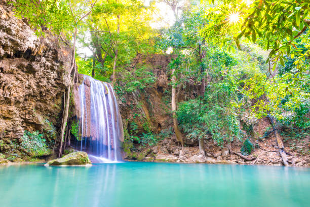 belle chute d’eau dans la forêt tropicale sauvage dans le parc national d’erawan, thaïlande - erawan national park beauty in nature waterfall photos et images de collection