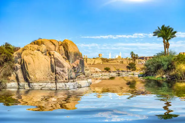 Rock on river Nile in Aswan at sunny day, Egypt
