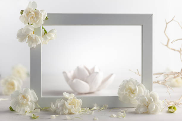 istock Still life with white flowers and frame on light backdrop. 1260471113
