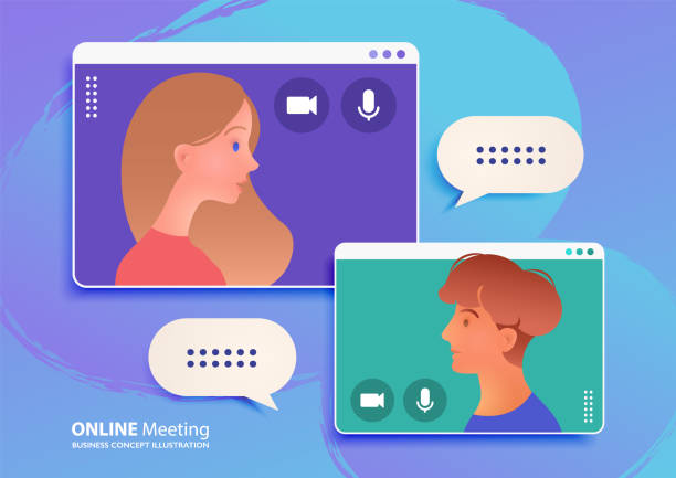 Video call between young adult man and woman, online meeting and work from home concept Online meeting via a video call app between young adult man and woman, Work from Home concept vector illustration. between stock illustrations