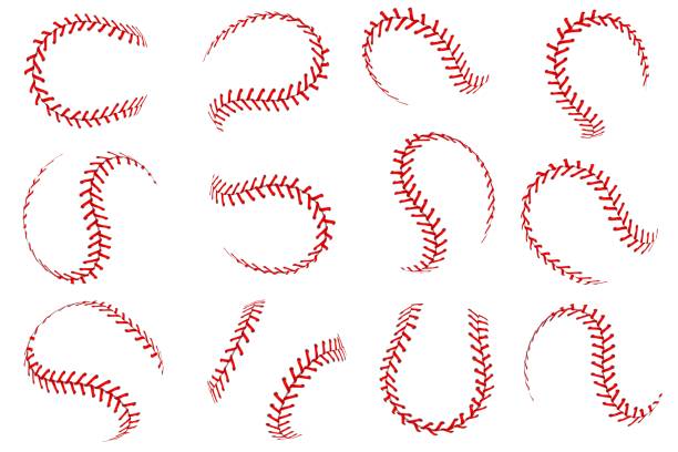 Baseball ball lace. Softball balls with red threads stitches graphic elements, spherical stroke lines leather sport equipment vector set Baseball ball lace. Realistic softball balls with red threads stitches graphic elements, spherical stroke lines leather sport equipment, vector isolated set baseball stock illustrations