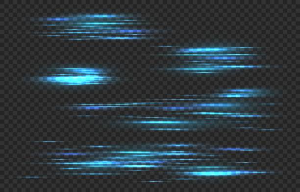 ilustrações, clipart, desenhos animados e ícones de linhas de velocidade da luz. efeito trilha de movimento rápido do carro, brilho linear neon horizontal. fluxo de laser, movimento rápido, caudas de energia conjunto vetorial isolado - laser sunbeam blurred motion backgrounds