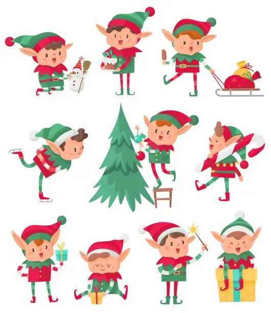 Vector illustration of Christmas elf. Santa Claus cute fantasy helpers, adorable elves with holiday gifts and decorations, happy dwarf cartoon vector characters