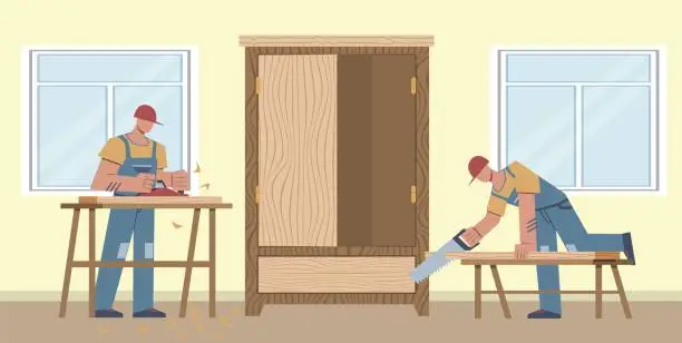 Vector illustration of Work carpenter. Two workers sawing boards, making cabinet, home renovation and carpentry, work at house repairing, repairman flat vector cartoon characters