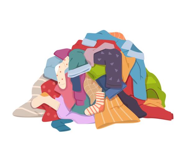 Dirty clothes pile. Messy laundry heap with stains, different soiled smelly apparel, soiled fabric old shorts, t-shirts and socks. Laundry vector concept Dirty clothes pile. Messy laundry heap with stains, different soiled smelly apparel, soiled fabric old shorts, t-shirts and socks on floor. Laundry vector isolated colorful concept clothing illustrations stock illustrations