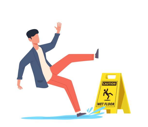 젖은 바닥. 떨어지는 남자는 물에 미��끄러, 미끄러짐과 몰락, 부상 문자, 주의 위험 젖은 바닥 노란색 기호 만화 벡터 개념 - floor wet slippery danger stock illustrations