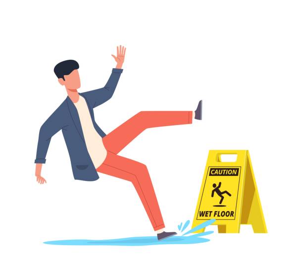 ilustrações de stock, clip art, desenhos animados e ícones de wet floor. falling man slips in water, slipping and downfall, injured character, caution danger wet floor yellow sign cartoon vector concept - floor wet slippery danger