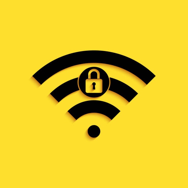 istock Black Wifi locked sign icon isolated on yellow background. Password Wi-fi symbol. Wireless Network icon. Wifi zone. Long shadow style. Vector 1260526964