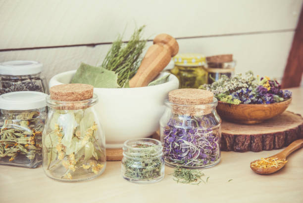 beaucoup de différentes plantes sèches remède à base de plantes ( chamaenerion angustifolium, achillea millefolium, tilia platyphyllos, prunella vulgaris, equisetum arvense dans des conteneurs filtre de style vintage. - mortar and pestle wood healthcare and medicine jar photos et images de collection