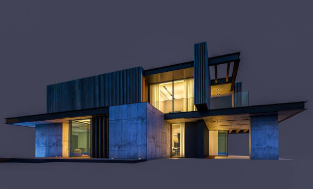 istock 3d rendering of modern house with wood plank facade isolated on black 1260538042
