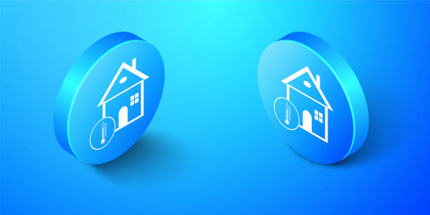 istock Isometric House temperature icon isolated on blue background. Thermometer icon. Blue circle button. Vector 1260552592
