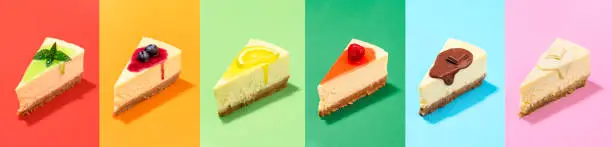 Collection of cheesecake slices with different topping sauce, isolated on rainbow colorful background. Cake slices collage for confectionery poster.