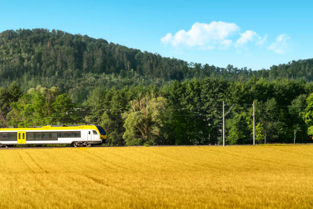 istock Train in motion across agricultural fields and forests. German train traveling 1260560268