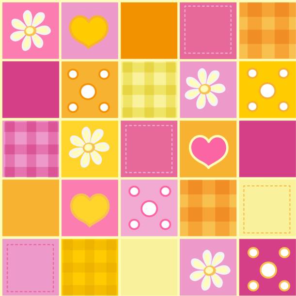 illustrations, cliparts, dessins animés et icônes de motif patchwork sans couture dans des tons roses et oranges - plaid checked pattern sewing