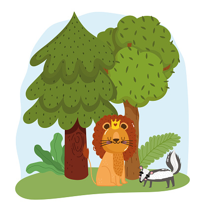 cute animals lion and skunk grass forest trees nature wild cartoon vector illustration