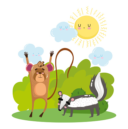 cute monkey and skunk on grass bushes nature wild cartoon vector illustration