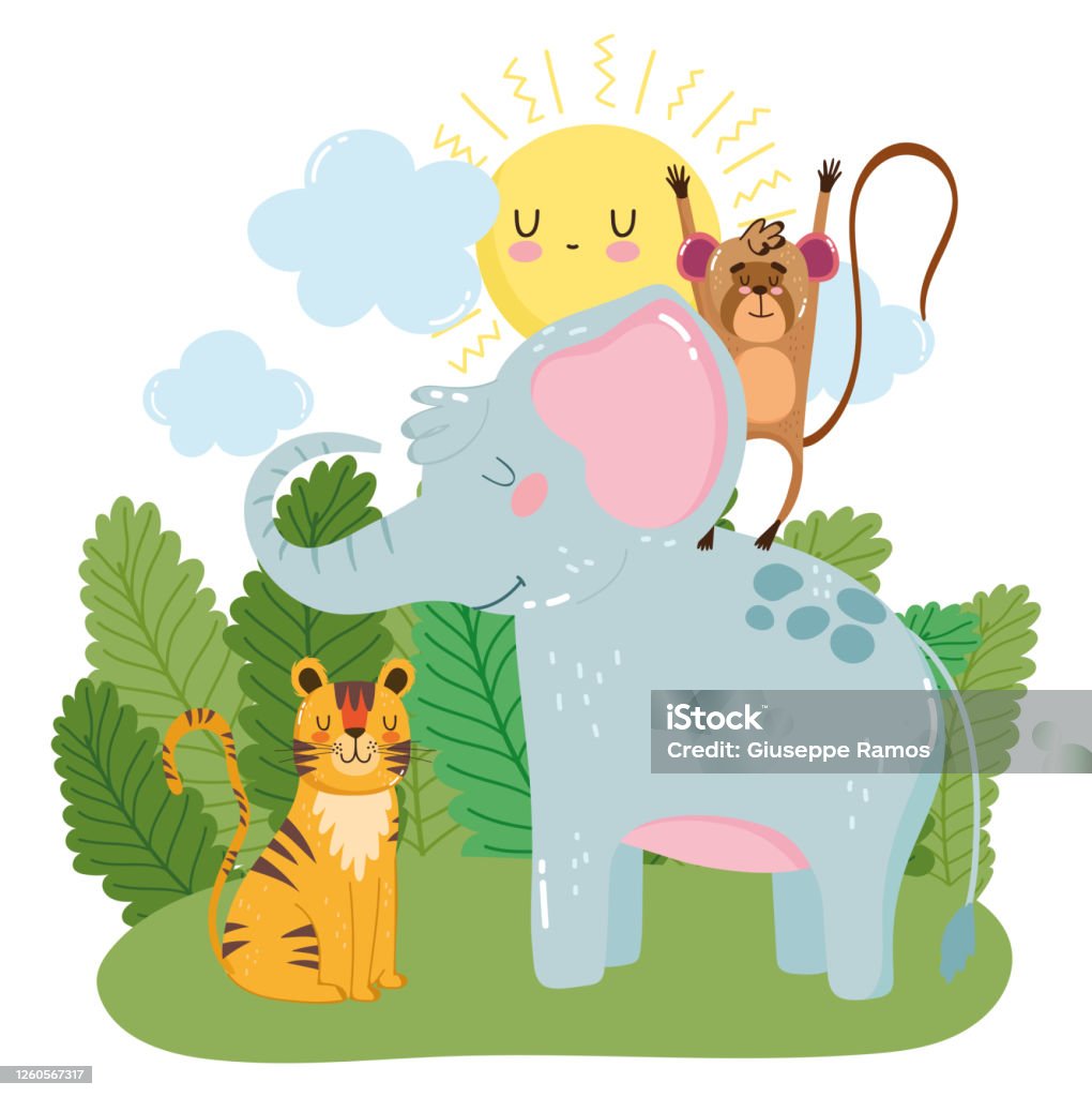 Cute Elephant Monkey And Tiger Grass Bushes Nature Wild Cartoon Stock Illustration - Download Image Now - iStock Cute Elephant Monkey And Tiger Grass Bushes Nature Wild Cartoon Stock Illustration - Download Image Now - iStock