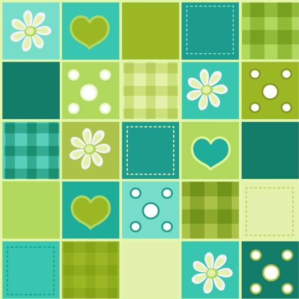 ilustraciones, imágenes clip art, dibujos animados e iconos de stock de patrón de patchwork sin costuras en tonos verdes - plaid checked pattern sewing