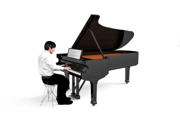 Pianist at the piano Pianist sitting and playing the piano - young man playing the piano - isolated on white background - 3d illustration pianist stock pictures, royalty-free photos & images