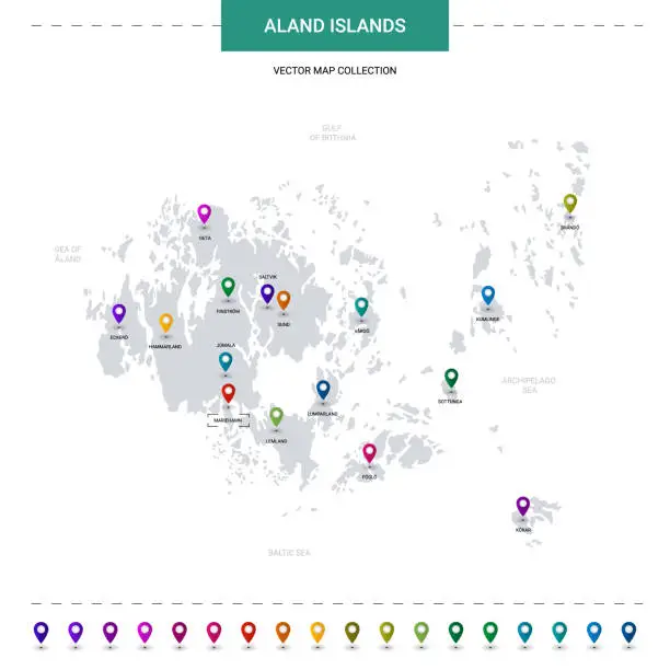 Vector illustration of Aland Islands map with location pointer marks. Infographic vector template, isolated on white background.