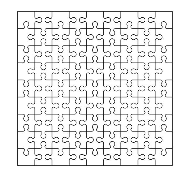 istock A set of eighty-one puzzle pieces. A puzzle with different types of parts and the ability to move each part. Black and white stock vector illustration. 1260605321