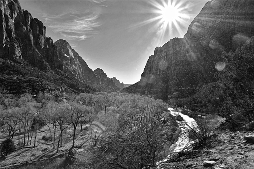 A black and white photo of Zion National Park's expanse, featuring the rock formations and Virgin River.