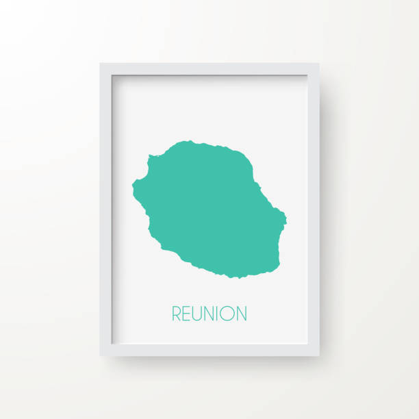 Reunion map in a frame on white background Map of Reunion in realistic white frame isolated on blank wall (colors used: blue, green, gray and white). Vector Illustration (EPS10, well layered and grouped). Easy to edit, manipulate, resize or colorize. french overseas territory stock illustrations