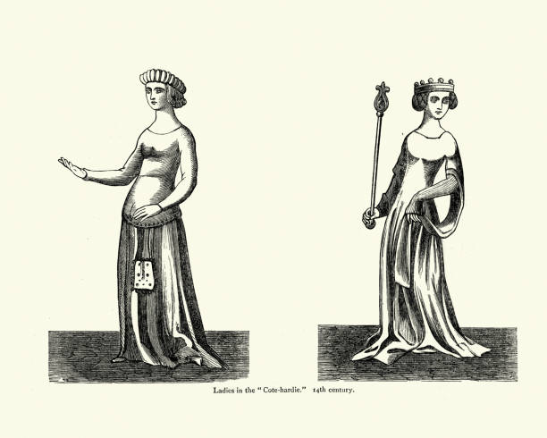 Medieval fashion, Ladies wearing cotehardie, (Kirtle) 14th Century Vintage illustration of Medieval fashion, Ladies wearing cotehardie, (Kirtle) 14th Century. A kirtle (sometimes called cotte, cotehardie) is a garment that was worn by men and women in the Middle Ages. It eventually became a one-piece garment worn by women from the late Middle Ages into the Baroque period. circa 14th century stock illustrations