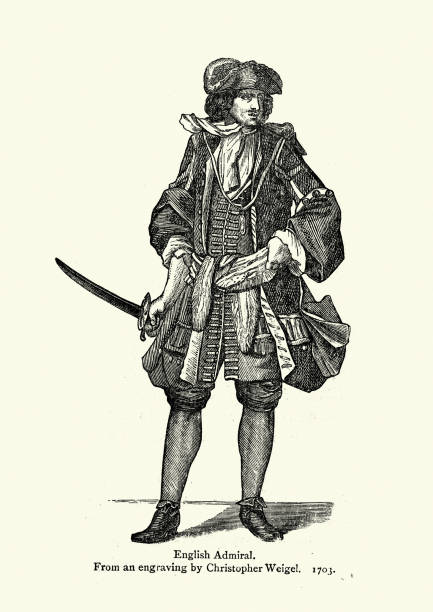 Costume of a English Admiral, early 18th Century fashion Vintage illustration of Costume of a English Admiral, early 18th Century fashion pirate criminal illustrations stock illustrations