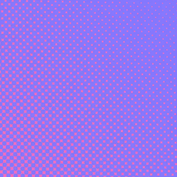 Vector illustration of Halftone effect vektor texture. Blue and Pink abstract background with four points stars. Pop Art style.