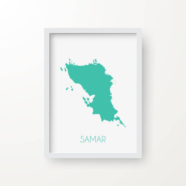 Samar map in a frame on white background Map of Samar in realistic white frame isolated on blank wall (colors used: blue, green, gray and white). Vector Illustration (EPS10, well layered and grouped). Easy to edit, manipulate, resize or colorize. samar stock illustrations