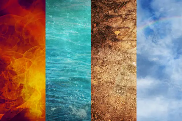 Photo of Four Elements of Nature, collage of abstract backgrounds from Fire, Water, Earth, and Air, ecology concept