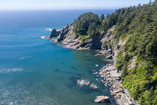 The Pacific Ocean meets the rugged coastline of Oregon just north of the town of Manzanita. Everyone in Oregon has free coastal access due to the Oregon Beach Bill of 1967.