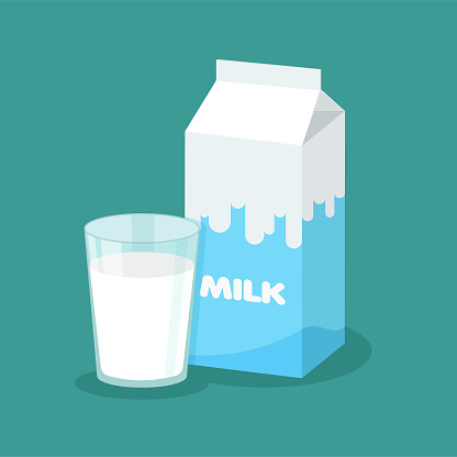 Vector milk packaging and full glass of milk.